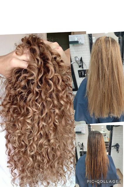 Comparación de cabello rizado y alisado en el salón de peluquería en Vélez-Málaga.