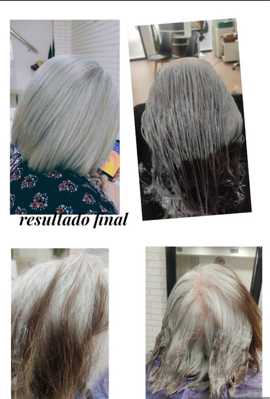 Transformación de cabello a un tono gris con proceso de coloración en el salón de peluquería en Vélez-Málaga.