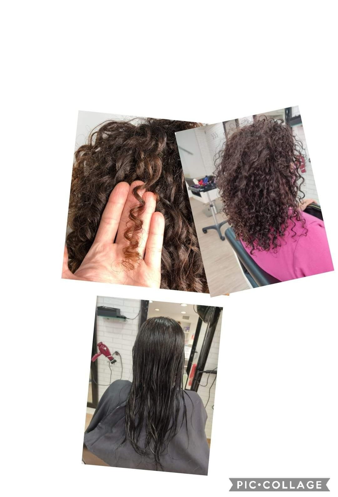 Comparación de cabello rizado antes y después de tratamiento en el salón de peluquería en Vélez-Málaga.